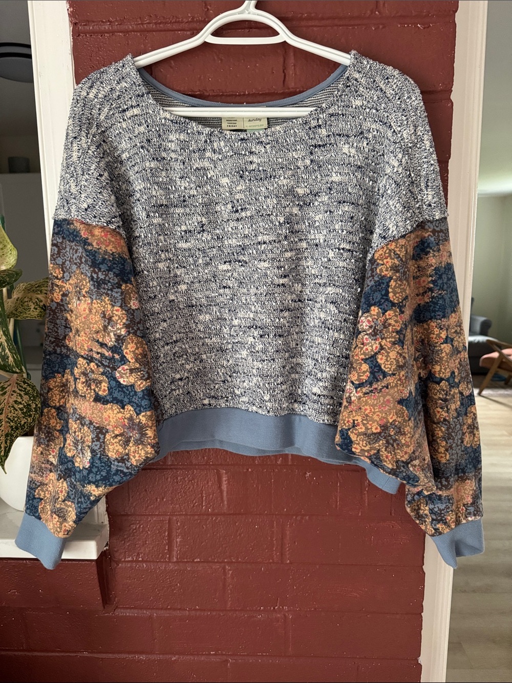 Anthropologie Light Blue Heathered Sweater with Floral Balloon Sleeves Small